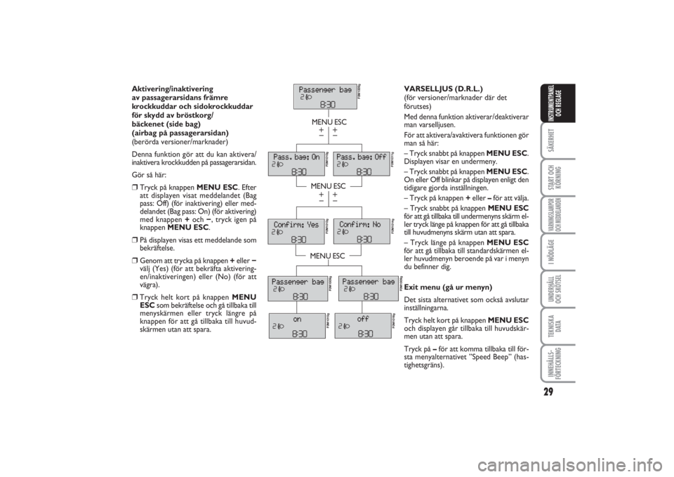 FIAT PUNTO 2014  Drift- och underhållshandbok (in Swedish) 29
SÄKERHETSTART OCH
KÖRNINGVARNINGSLAMPOR
OCH MEDDELANDENI NÖDLÄGEUNDERHÅLL
OCH SKÖTSELTEKNISKA
D ATAINNEHÅLLS-
FÖRTECKNINGINSTRUMENTPANEL
OCH REGLAGE
Aktivering/inaktivering 
av passagerarsi