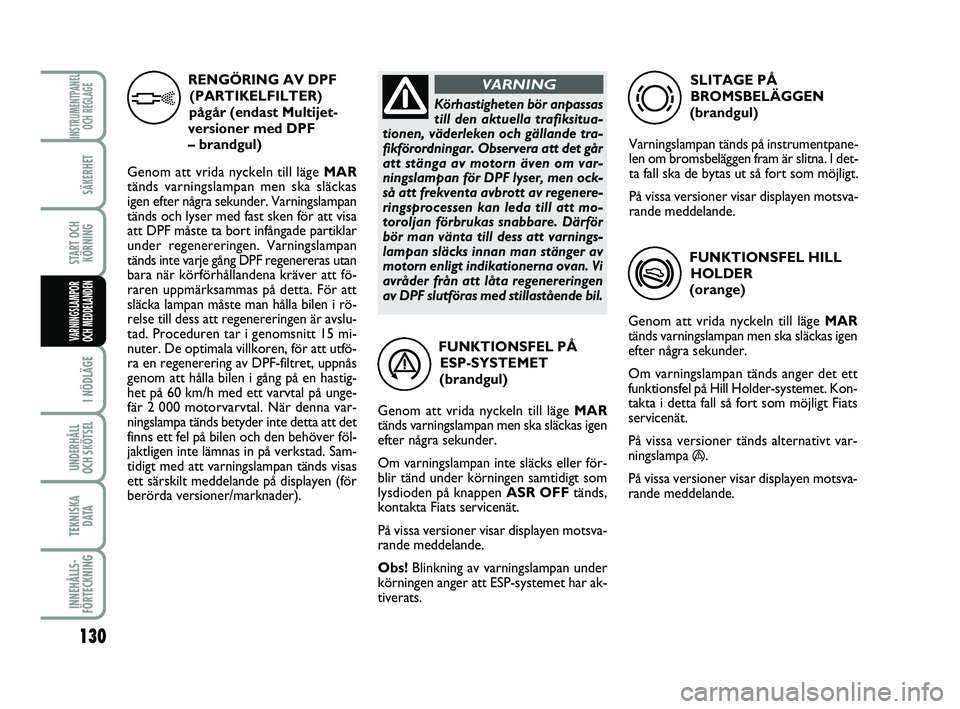 FIAT PUNTO 2019 Drift- och underhållshandbok (in Swedish) 130
SÄKERHET
START OCHKÖRNING
I NÖDLÄGE
UNDERHÅLL
OCH SKÖTSEL
TEKNISKA D ATA
INNEHÅLLS-
FÖRTECKNING
INSTRUMENTPANEL OCH REGLAGE
VARNINGSLAMPOR
OCH MEDDELANDENFUNKTIONSFEL PÅ
ESP-SYSTEMET
(b FIAT PUNTO 2019 Drift- och underhållshandbok (in Swedish) 130
SÄKERHET
START OCHKÖRNING
I NÖDLÄGE
UNDERHÅLL
OCH SKÖTSEL
TEKNISKA D ATA
INNEHÅLLS-
FÖRTECKNING
INSTRUMENTPANEL OCH REGLAGE
VARNINGSLAMPOR
OCH MEDDELANDENFUNKTIONSFEL PÅ
ESP-SYSTEMET
(b