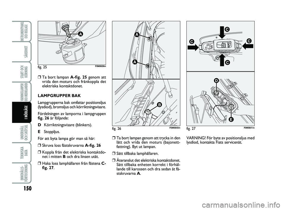 FIAT PUNTO 2019  Drift- och underhållshandbok (in Swedish) 150
SÄKERHET
START OCHKÖRNING
VARNINGSLAMPOR
OCH MEDDELANDEN
UNDERHÅLL
OCH SKÖTSEL 
TEKNISKA D ATA
INNEHÅLLS-
FÖRTECKNING
INSTRUMENTPANEL OCH REGLAGE
I NÖDLÄGE
❒Ta bort lampan A-fig. 25 geno