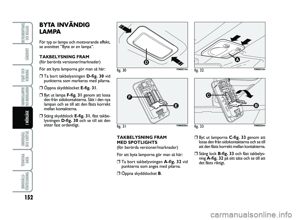 FIAT PUNTO 2019  Drift- och underhållshandbok (in Swedish) 152
SÄKERHET
START OCHKÖRNING
VARNINGSLAMPOR
OCH MEDDELANDEN
UNDERHÅLL
OCH SKÖTSEL 
TEKNISKA D ATA
INNEHÅLLS-
FÖRTECKNING
INSTRUMENTPANEL OCH REGLAGE
I NÖDLÄGE
BYTA INVÄNDIG
LAMPA
För typ av