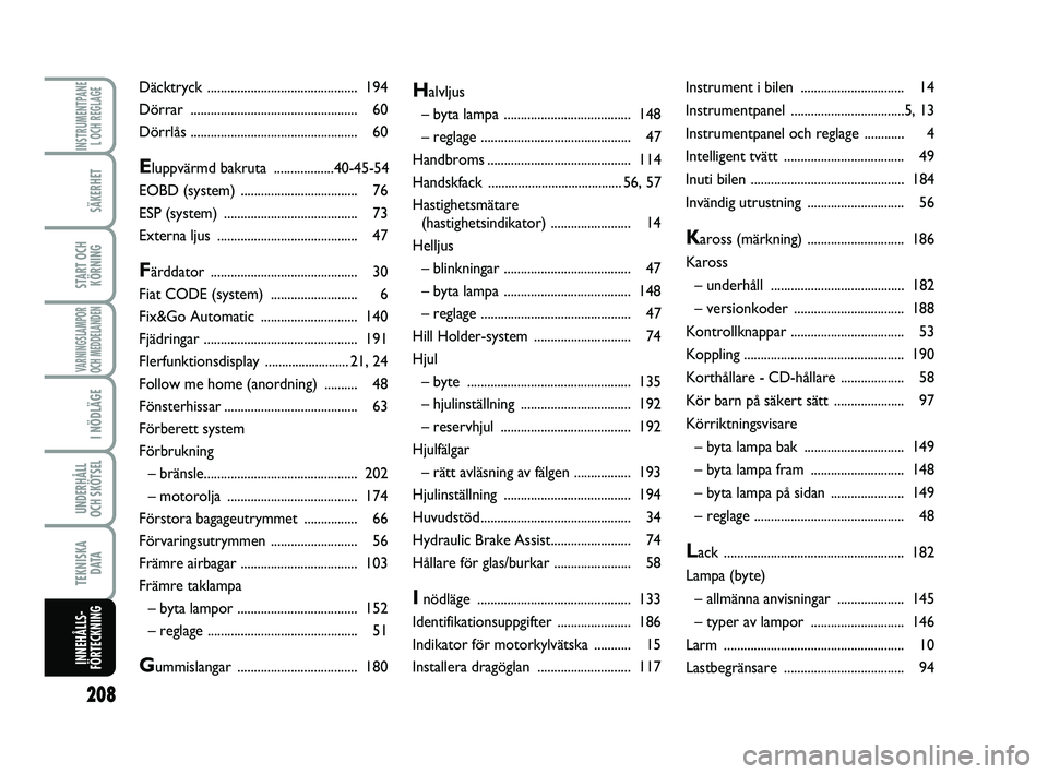 FIAT PUNTO 2021  Drift- och underhållshandbok (in Swedish) 208
SÄKERHET
START OCHKÖRNING
VARNINGSLAMPOR
OCH MEDDELANDEN
I NÖDLÄGE
UNDERHÅLL
OCH SKÖTSEL 
TEKNISKA D ATA
INSTRUMENTPANEL OCH REGLAGE
INNEHÅLLS-
FÖRTECKNING
Halvljus
– byta lampa  .......