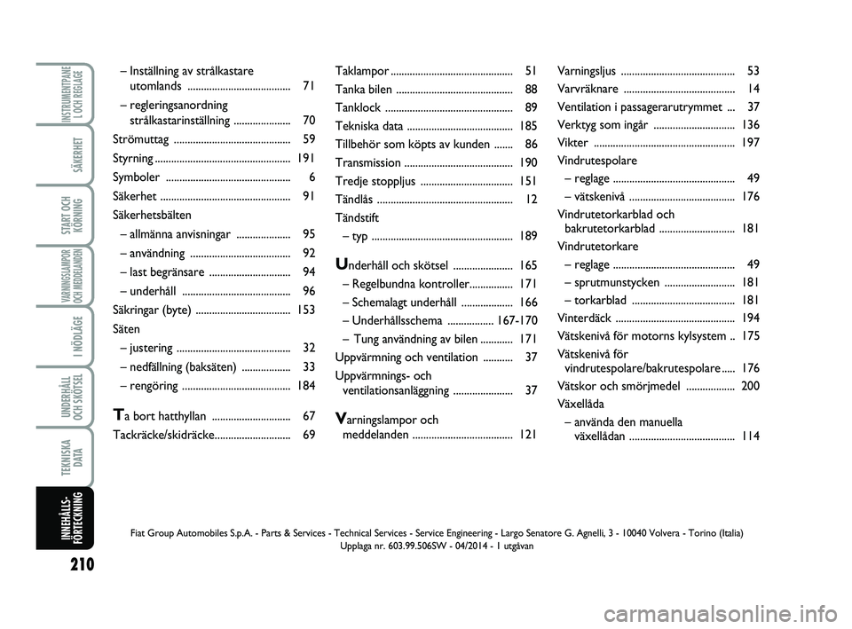 FIAT PUNTO 2017  Drift- och underhållshandbok (in Swedish) 210
SÄKERHET
START OCHKÖRNING
VARNINGSLAMPOR
OCH MEDDELANDEN
I NÖDLÄGE
UNDERHÅLL
OCH SKÖTSEL 
TEKNISKA D ATA
INSTRUMENTPANEL OCH REGLAGE
INNEHÅLLS-
FÖRTECKNING
Taklampor ......................
