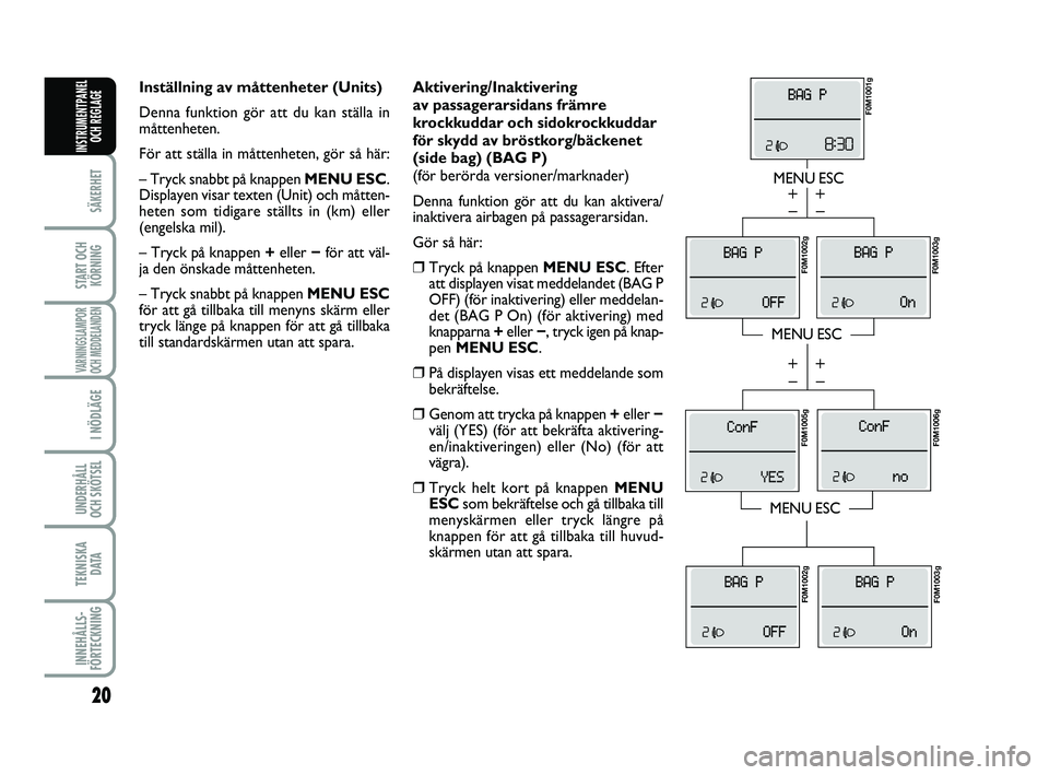 FIAT PUNTO 2019 Drift- och underhållshandbok (in Swedish) 20
SÄKERHET
START OCHKÖRNING
VARNINGSLAMPOR
OCH MEDDELANDEN
I NÖDLÄGE
UNDERHÅLL
OCH SKÖTSEL
TEKNISKA D ATA
INNEHÅLLS-
FÖRTECKNING
INSTRUMENTPANEL OCH REGLAGE
Aktivering/Inaktivering
av passa FIAT PUNTO 2019 Drift- och underhållshandbok (in Swedish) 20
SÄKERHET
START OCHKÖRNING
VARNINGSLAMPOR
OCH MEDDELANDEN
I NÖDLÄGE
UNDERHÅLL
OCH SKÖTSEL
TEKNISKA D ATA
INNEHÅLLS-
FÖRTECKNING
INSTRUMENTPANEL OCH REGLAGE
Aktivering/Inaktivering
av passa