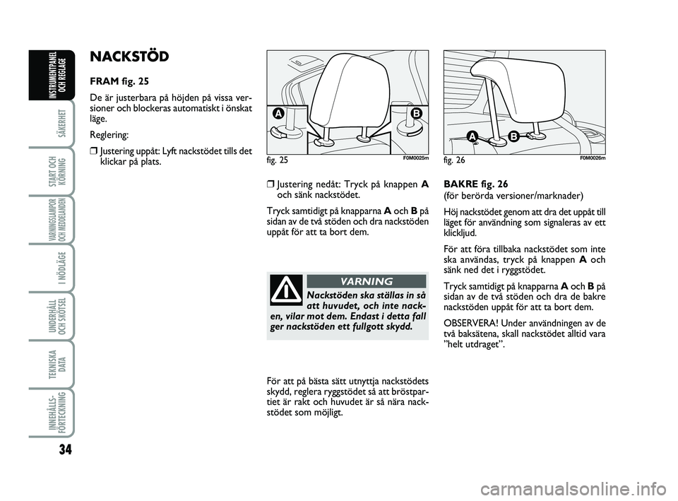 FIAT PUNTO 2021  Drift- och underhållshandbok (in Swedish) 34
SÄKERHET
START OCHKÖRNING
VARNINGSLAMPOR
OCH MEDDELANDEN
I NÖDLÄGE
UNDERHÅLL
OCH SKÖTSEL 
TEKNISKA D ATA
INNEHÅLLS-
FÖRTECKNING
INSTRUMENTPANEL OCH REGLAGE
NACKSTÖD
FRAM fig. 25
De är jus