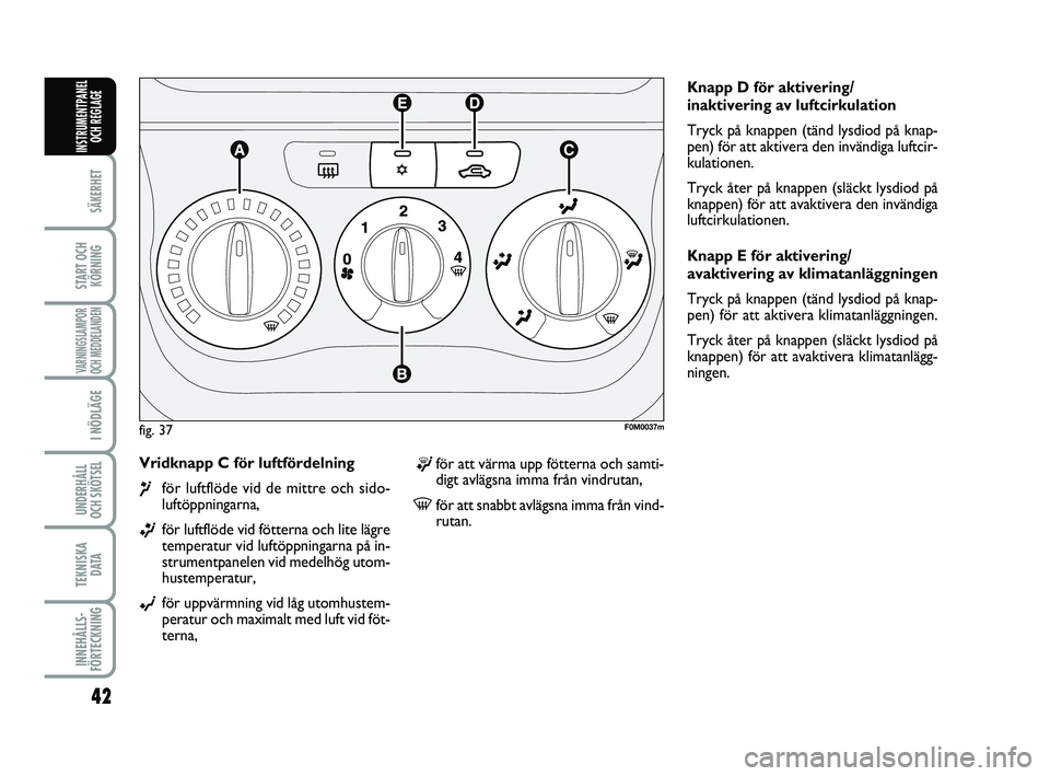 FIAT PUNTO 2017  Drift- och underhållshandbok (in Swedish) 42
SÄKERHET
START OCHKÖRNING
VARNINGSLAMPOR
OCH MEDDELANDEN
I NÖDLÄGE
UNDERHÅLL
OCH SKÖTSEL 
TEKNISKA D ATA
INNEHÅLLS-
FÖRTECKNING
INSTRUMENTPANEL OCH REGLAGE
Vridknapp C för luftfördelning 