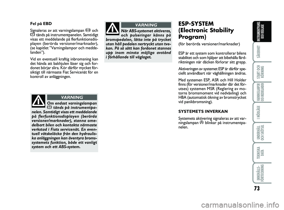 FIAT PUNTO 2015  Drift- och underhållshandbok (in Swedish) 73
SÄKERHET
START OCHKÖRNING
VARNINGSLAMPOR
OCH MEDDELANDEN
I NÖDLÄGE
UNDERHÅLL
OCH SKÖTSEL
TEKNISKA DATA
INNEHÅLLS-
FÖRTECKNING
INSTRUMENTPANEL OCH REGLAGE
ESP-SYSTEM 
(Electronic Stability
P