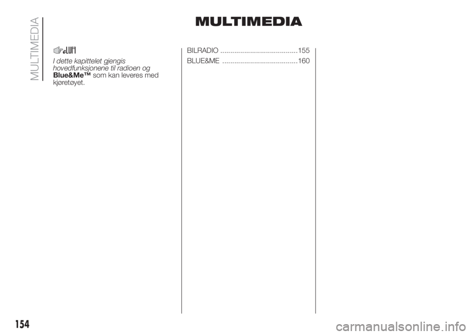 FIAT PUNTO 2020  Drift- og vedlikeholdshåndbok (in Norwegian) MULTIMEDIA
I dette kapittelet gjengis
hovedfunksjonene til radioen og
Blue&Me™som kan leveres med
kjøretøyet.BILRADIO .......................................155
BLUE&ME ...........................
