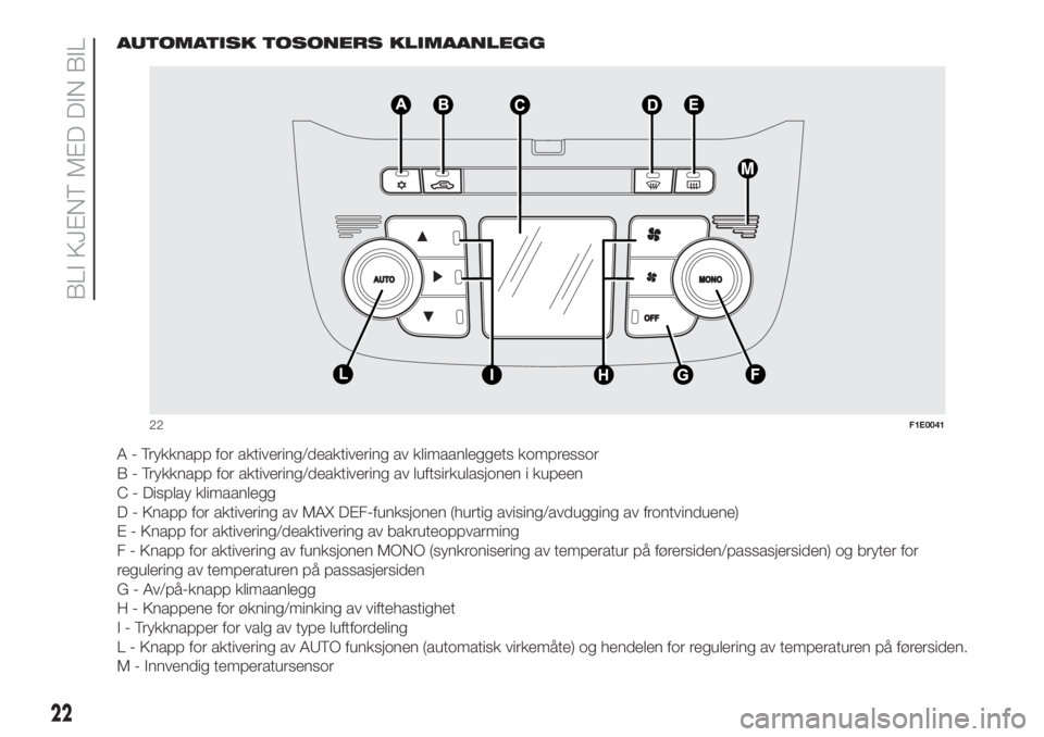 FIAT PUNTO 2017  Drift- og vedlikeholdshåndbok (in Norwegian) AUTOMATISK TOSONERS KLIMAANLEGG
A - Trykknapp for aktivering/deaktivering av klimaanleggets kompressor
B - Trykknapp for aktivering/deaktivering av luftsirkulasjonen i kupeen
C - Display klimaanlegg
D