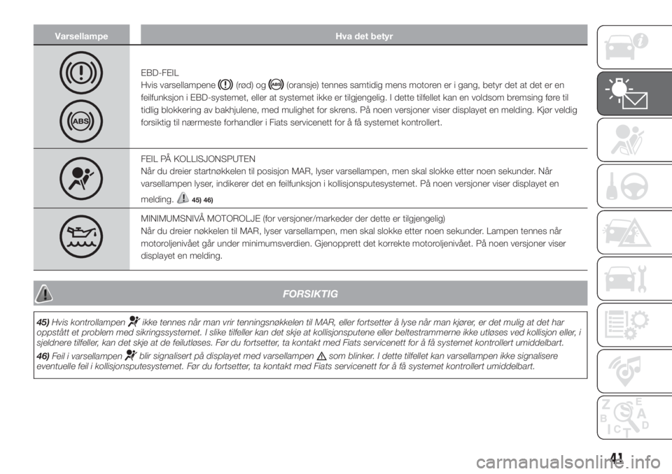 FIAT PUNTO 2017  Drift- og vedlikeholdshåndbok (in Norwegian) Varsellampe Hva det betyr
EBD-FEIL
Hvis varsellampene
(rød) og(oransje) tennes samtidig mens motoren er i gang, betyr det at det er en
feilfunksjon i EBD-systemet, eller at systemet ikke er tilgjenge