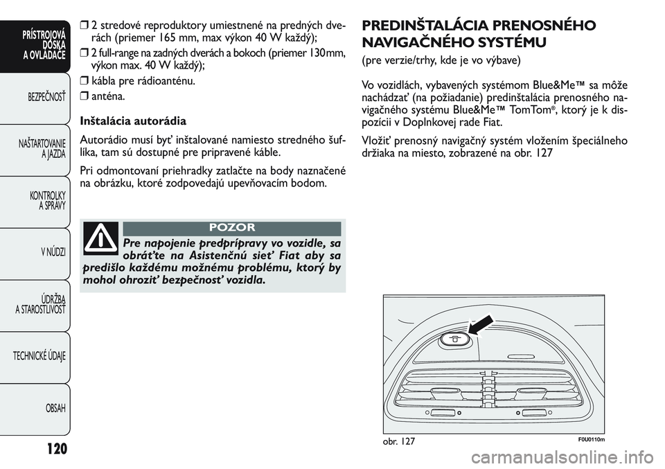 FIAT PUNTO 2011 Návod na použitie a údržbu (in Slovak) 120
PRÍSTROJOVÁ
DOSKA
A OVLÁDAČE
BEZPEČNOSŤ
NAŠTARTOVANIE
A JAZDA
KONTROLKY
A SPRÁVY
V NÚDZI
ÚDRŽBA
A STAROSTLIVOSŤ
TECHNICKÉ ÚDAJE
OBSAH
F0U0110mobr. 127
PREDINŠTALÁCIA PRENOSNÉHO FIAT PUNTO 2011 Návod na použitie a údržbu (in Slovak) 120
PRÍSTROJOVÁ
DOSKA
A OVLÁDAČE
BEZPEČNOSŤ
NAŠTARTOVANIE
A JAZDA
KONTROLKY
A SPRÁVY
V NÚDZI
ÚDRŽBA
A STAROSTLIVOSŤ
TECHNICKÉ ÚDAJE
OBSAH
F0U0110mobr. 127
PREDINŠTALÁCIA PRENOSNÉHO