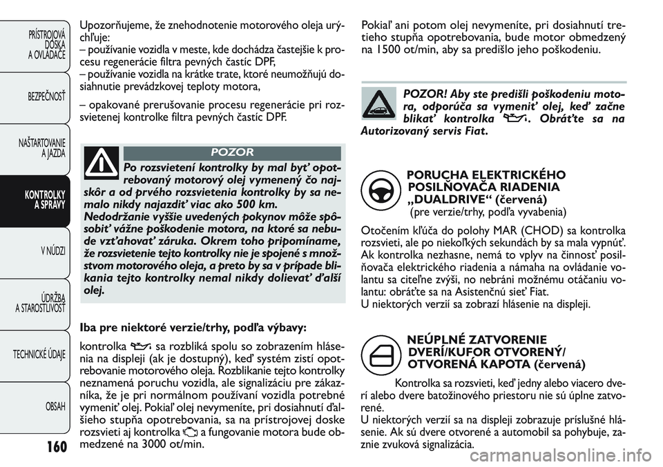 FIAT PUNTO 2011 Návod na použitie a údržbu (in Slovak) 160
PRÍSTROJOVÁ
DOSKA
A OVLÁDAČE
BEZPEČNOSŤ
NAŠTARTOVANIE
A JAZDA
KONTROLKY
A SPRÁVY
V NÚDZI
ÚDRŽBA
A STAROSTLIVOSŤ
TECHNICKÉ ÚDAJE
OBSAH
Po rozsvietení kontrolky by mal byť opot-
r FIAT PUNTO 2011 Návod na použitie a údržbu (in Slovak) 160
PRÍSTROJOVÁ
DOSKA
A OVLÁDAČE
BEZPEČNOSŤ
NAŠTARTOVANIE
A JAZDA
KONTROLKY
A SPRÁVY
V NÚDZI
ÚDRŽBA
A STAROSTLIVOSŤ
TECHNICKÉ ÚDAJE
OBSAH
Po rozsvietení kontrolky by mal byť opot-
r