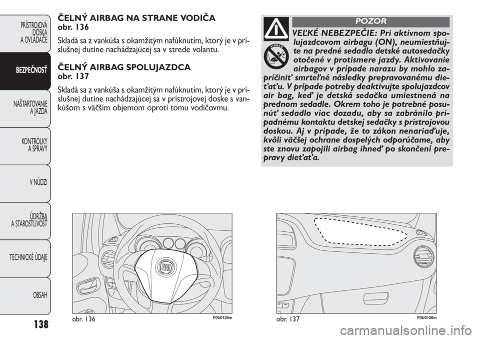 FIAT PUNTO 2012  Návod na použitie a údržbu (in Slovak) F0U0125mobr. 136F0U0126mobr. 137
ČELNÝ AIRBAG NA STRANE VODIČA 
obr. 136
Skladá sa z vankúša s okamžitým nafúknutím, ktorý je v prí-
slušnej dutine nachádzajúcej sa v strede volantu.
Č