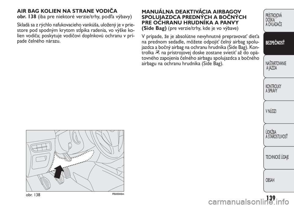 FIAT PUNTO 2012  Návod na použitie a údržbu (in Slovak) F0U0343mobr. 138
AIR BAG KOLIEN NA STRANE VODIČA 
obr. 138 
(iba pre niektoré verzie/trhy, podľa výbavy)
Skladá sa z rýchlo nafukovacieho vankúša, uložený je v prie-
store pod spodným kryto
