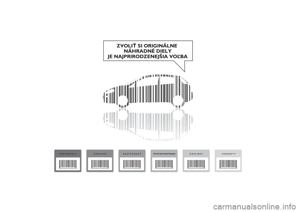 FIAT PUNTO 2014  Návod na použitie a údržbu (in Slovak) ZVOLIŤ SI ORIGINÁLNE 
NÁHRADNÉ DIELY
JE NAJPRIRODZENEJŠIA VOĽBA
PREVEDENIEORIGINÁLNE NÁHRADNÉ 
KOMFORTORIGINÁLNE NÁHRADNÉ 
BEZPEČNOSŤORIGINÁLNE NÁHRADNÉ 
ŽIVOTNÉ PROSTREDIEORIGINÁL