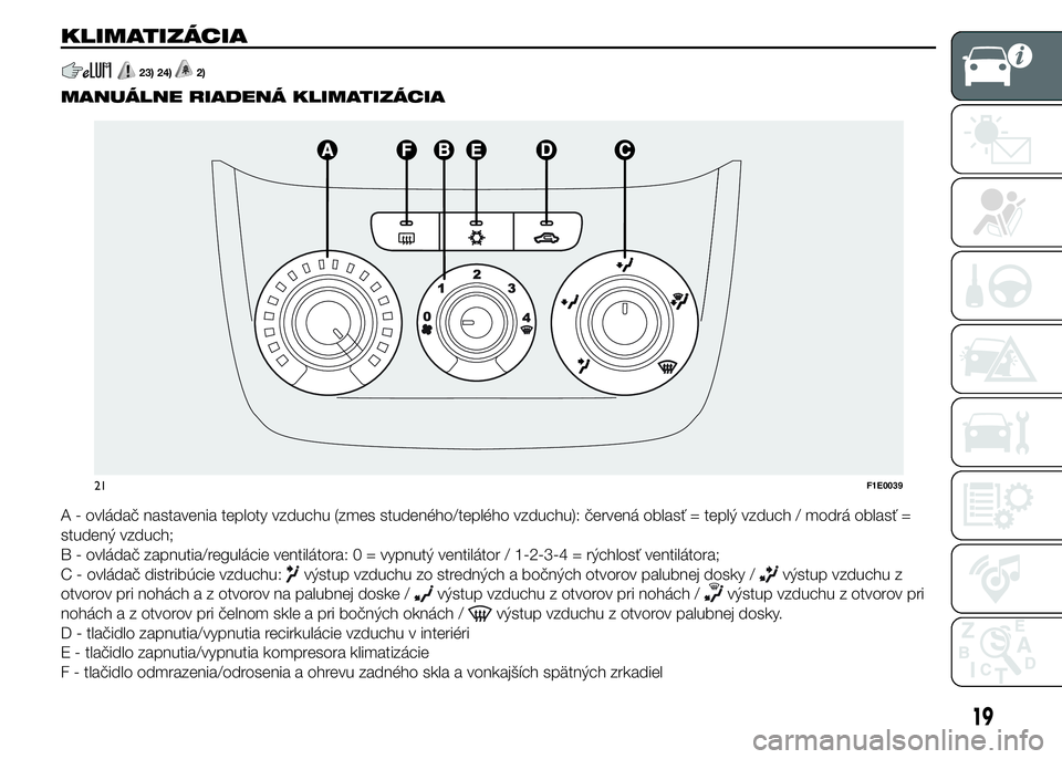 FIAT PUNTO 2015 Návod na použitie a údržbu (in Slovak) KLIMATIZÁCIA
23) 24)2).
MANUÁLNE RIADENÁ KLIMATIZÁCIA
A - ovládač nastavenia teploty vzduchu (zmes studeného/teplého vzduchu): červená oblasť = teplý vzduch / modrá oblasť =
studený vzd FIAT PUNTO 2015 Návod na použitie a údržbu (in Slovak) KLIMATIZÁCIA
23) 24)2).
MANUÁLNE RIADENÁ KLIMATIZÁCIA
A - ovládač nastavenia teploty vzduchu (zmes studeného/teplého vzduchu): červená oblasť = teplý vzduch / modrá oblasť =
studený vzd