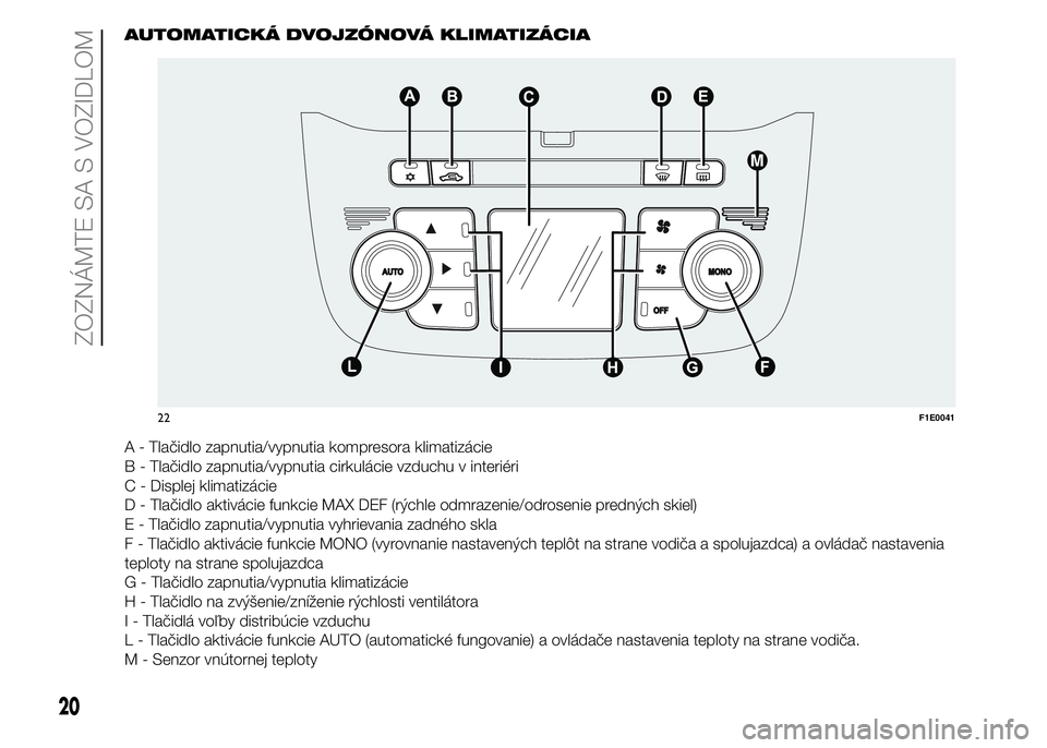 FIAT PUNTO 2015 Návod na použitie a údržbu (in Slovak) AUTOMATICKÁ DVOJZÓNOVÁ KLIMATIZÁCIA
A - Tlačidlo zapnutia/vypnutia kompresora klimatizácie
B - Tlačidlo zapnutia/vypnutia cirkulácie vzduchu v interiéri
C - Displej klimatizácie
D - Tlačidl FIAT PUNTO 2015 Návod na použitie a údržbu (in Slovak) AUTOMATICKÁ DVOJZÓNOVÁ KLIMATIZÁCIA
A - Tlačidlo zapnutia/vypnutia kompresora klimatizácie
B - Tlačidlo zapnutia/vypnutia cirkulácie vzduchu v interiéri
C - Displej klimatizácie
D - Tlačidl