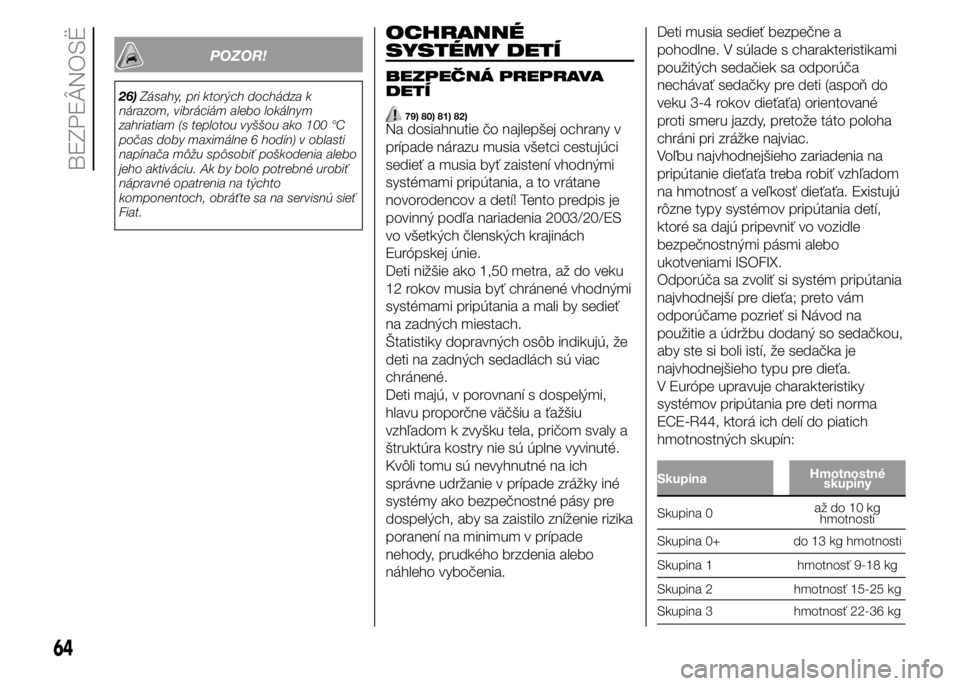 FIAT PUNTO 2015  Návod na použitie a údržbu (in Slovak) POZOR!
26)Zásahy, pri ktorých dochádza k
nárazom, vibráciám alebo lokálnym
zahriatiam (s teplotou vyššou ako 100 °C
počas doby maximálne 6 hodín) v oblasti
napínača môžu spôsobiť po