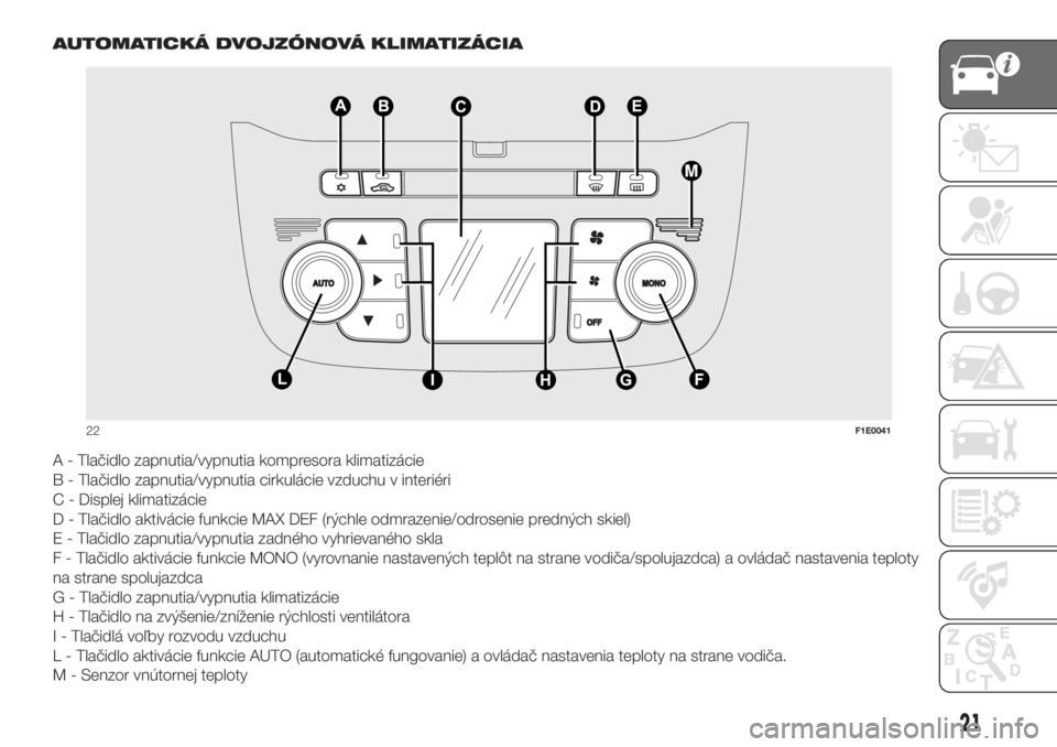 FIAT PUNTO 2021  Návod na použitie a údržbu (in Slovak) AUTOMATICKÁ DVOJZÓNOVÁ KLIMATIZÁCIA
A - Tlačidlo zapnutia/vypnutia kompresora klimatizácie
B - Tlačidlo zapnutia/vypnutia cirkulácie vzduchu v interiéri
C - Displej klimatizácie
D - Tlačidl