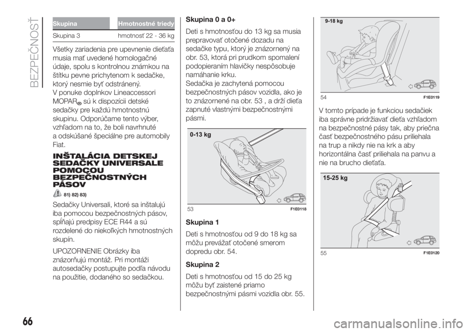 FIAT PUNTO 2017  Návod na použitie a údržbu (in Slovak) Skupina Hmotnostné triedy
Skupina 3 hmotnosť 22 - 36 kg
Všetky zariadenia pre upevnenie dieťaťa
musia mať uvedené homologačné
údaje, spolu s kontrolnou známkou na
štítku pevne prichytenom