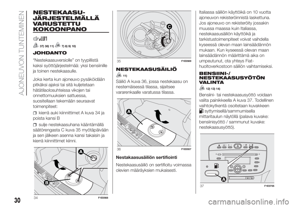 FIAT PUNTO 2020  Käyttö- ja huolto-ohjekirja (in in Finnish) NESTEKAASU-
VARUSTETTU
KOKOONPANO
37) 38) 11)7) 8) 9) 10)
JOHDANTO
“Nestekaasuversiolle” on tyypillistä
kaksi syöttöjärjestelmää: yksi bensiinille
ja toinen nestekaasulle.
Joka kerta kun ajo