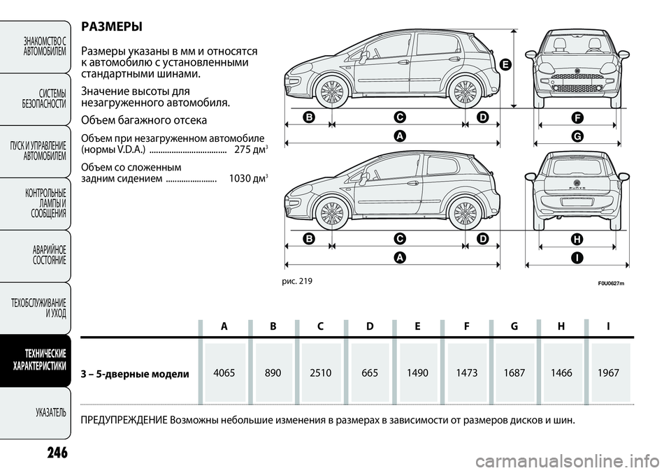 FIAT PUNTO 2012 Руководство по эксплуатации и техобслуживанию (in Russian) РАЗМЕРЫ
Размеры указаны в мм и относятся
к автомобилю с установленными
стандартными шинами.
Значение высоты FIAT PUNTO 2012 Руководство по эксплуатации и техобслуживанию (in Russian) РАЗМЕРЫ
Размеры указаны в мм и относятся
к автомобилю с установленными
стандартными шинами.
Значение высоты