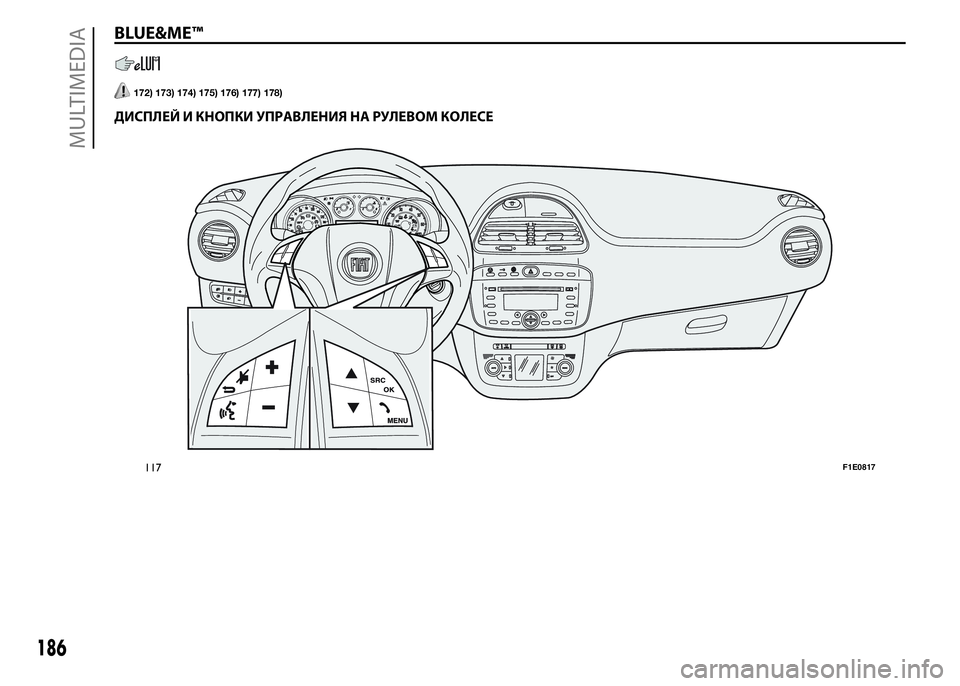 FIAT PUNTO 2015 Руководство по эксплуатации и техобслуживанию (in Russian) BLUE&ME™
172) 173) 174) 175) 176) 177) 178).
ДИСПЛЕЙ И КНОПКИ УПРАВЛЕНИЯ НА РУЛЕВОМ КОЛЕСЕ
117F1E0817
186
MULTIMEDIA FIAT PUNTO 2015 Руководство по эксплуатации и техобслуживанию (in Russian) BLUE&ME™
172) 173) 174) 175) 176) 177) 178).
ДИСПЛЕЙ И КНОПКИ УПРАВЛЕНИЯ НА РУЛЕВОМ КОЛЕСЕ
117F1E0817
186
MULTIMEDIA