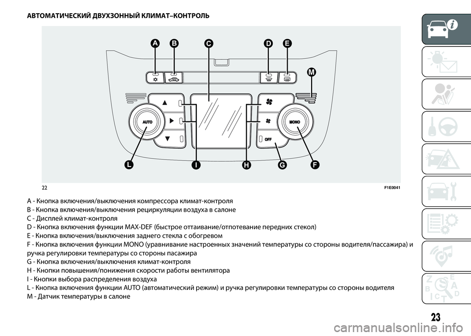 FIAT PUNTO 2015  Руководство по эксплуатации и техобслуживанию (in Russian) АВТОМАТИЧЕСКИЙ ДВУХЗОННЫЙ КЛИМАТ–КОНТРОЛЬ
А - Кнопка включения/выключения компрессора климат-контроля
B - К�