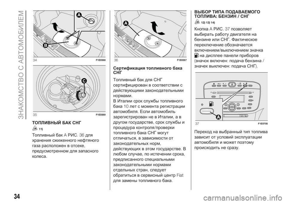 FIAT PUNTO 2021  Руководство по эксплуатации и техобслуживанию (in Russian) ТОПЛИВНЫЙ БАК СНГ
11)
Топливный бакAРИС.36для
хранения сжиженного нефтяного
газа расположен в отсеке,
предусмо�