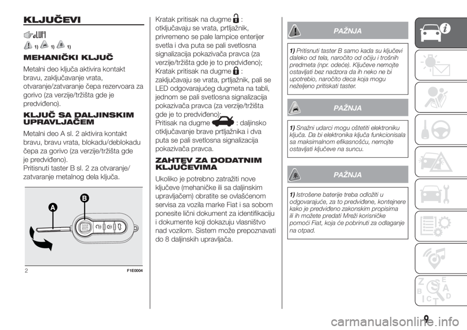 FIAT PUNTO 2018  Knjižica za upotrebu i održavanje (in Serbian) KLJUČEVI
1)1)1)
MEHANIČKI KLJUČ
Metalni deo ključa aktivira kontakt
bravu, zaključavanje vrata,
otvaranje/zatvaranje čepa rezervoara za
gorivo (za verzije/tržišta gde je
predviđeno).
KLJUČ S