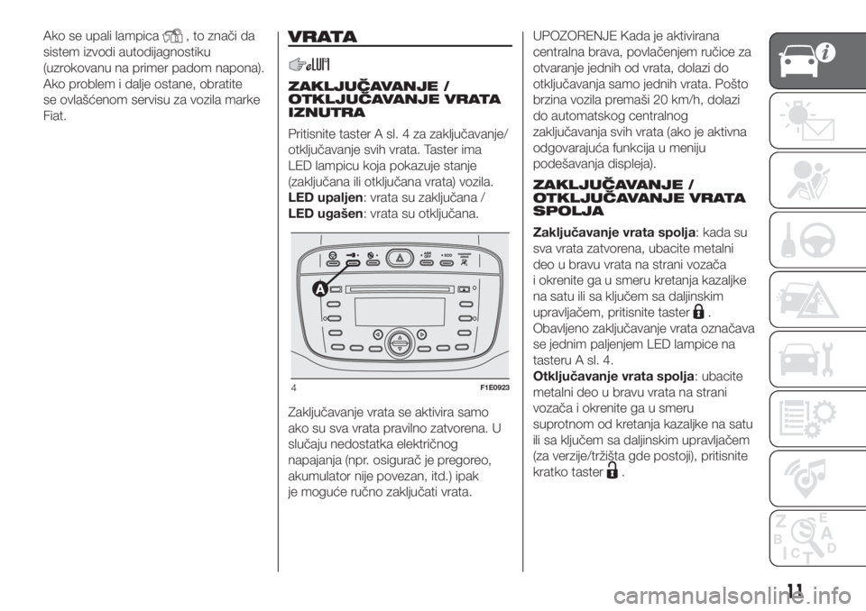 FIAT PUNTO 2021  Knjižica za upotrebu i održavanje (in Serbian) Ako se upali lampica, to znači da
sistem izvodi autodijagnostiku
(uzrokovanu na primer padom napona).
Ako problem i dalje ostane, obratite
se ovlašćenom servisu za vozila marke
Fiat.VRATA
ZAKLJUČA