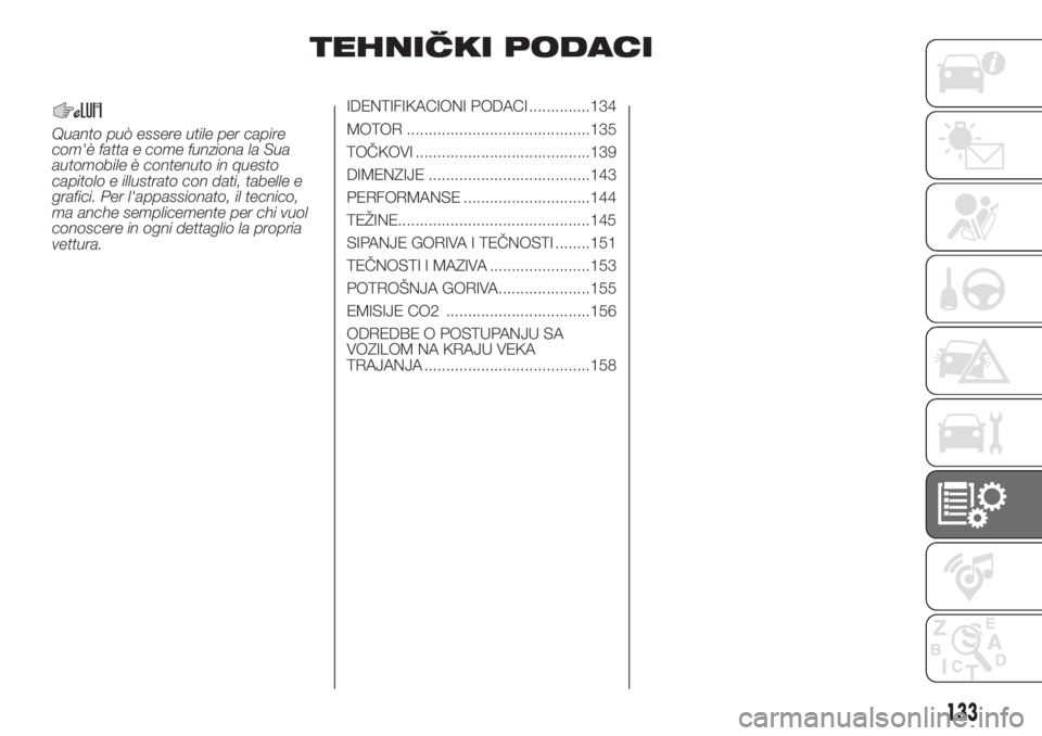 FIAT PUNTO 2016  Knjižica za upotrebu i održavanje (in Serbian) TEHNIČKI PODACI
Quanto può essere utile per capire
com'è fatta e come funziona la Sua
automobile è contenuto in questo
capitolo e illustrato con dati, tabelle e
grafici. Per l'appassionato