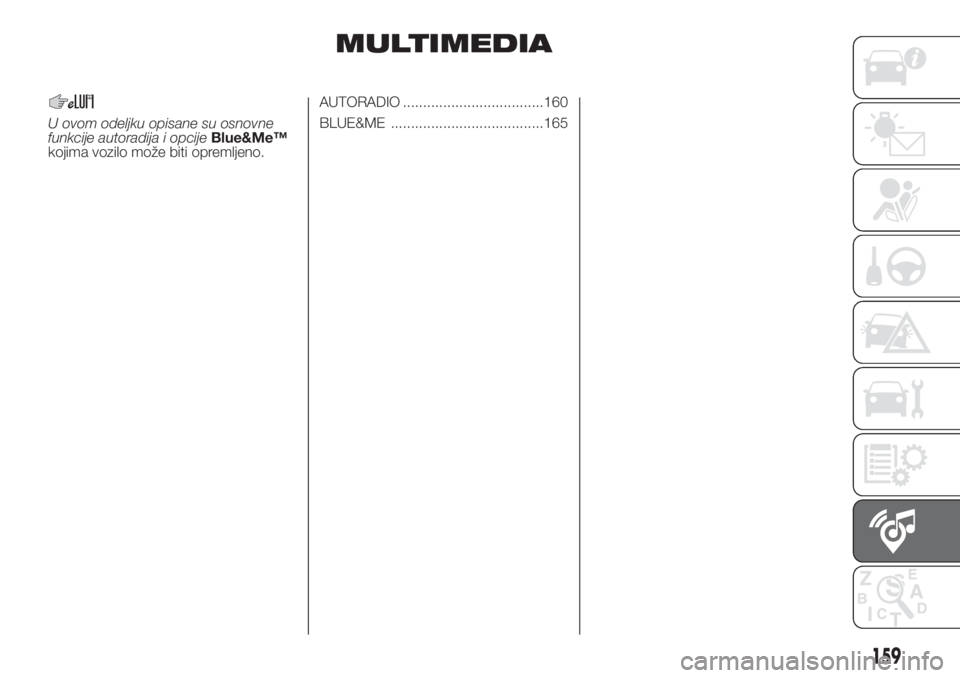 FIAT PUNTO 2017  Knjižica za upotrebu i održavanje (in Serbian) MULTIMEDIA
U ovom odeljku opisane su osnovne
funkcije autoradija i opcijeBlue&Me™
kojima vozilo može biti opremljeno.AUTORADIO ...................................160
BLUE&ME .......................