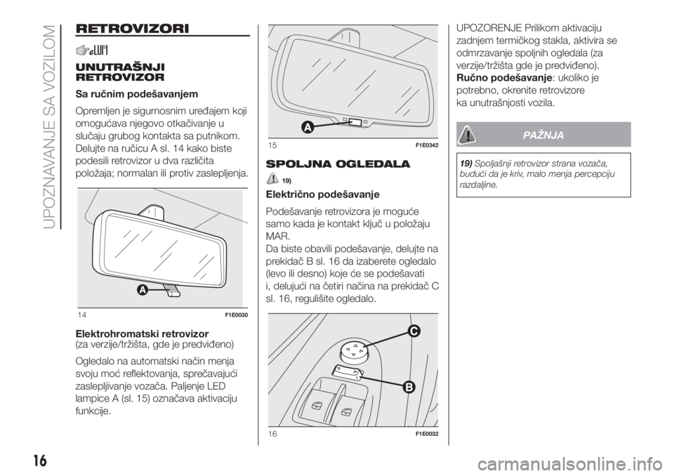 FIAT PUNTO 2018  Knjižica za upotrebu i održavanje (in Serbian) RETROVIZORI
UNUTRAŠNJI
RETROVIZOR
Sa ručnim podešavanjem
Opremljen je sigurnosnim uređajem koji
omogućava njegovo otkačivanje u
slučaju grubog kontakta sa putnikom.
Delujte na ručicu A sl. 14 