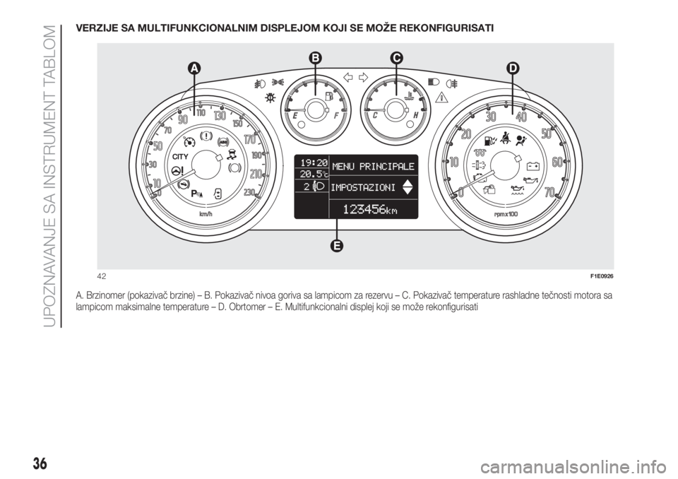 FIAT PUNTO 2016  Knjižica za upotrebu i održavanje (in Serbian) VERZIJE SA MULTIFUNKCIONALNIM DISPLEJOM KOJI SE MOŽE REKONFIGURISATI
A. Brzinomer (pokazivač brzine) – B. Pokazivač nivoa goriva sa lampicom za rezervu – C. Pokazivač temperature rashladne te�