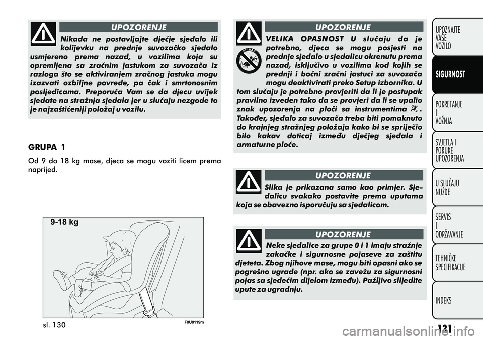 FIAT PUNTO 2012  Knjižica s uputama za uporabu i održavanje (in Croatian) sl. 130 UPOZORENJE
UPOZORENJE
UPOZORENJE
UPOZORENJENikada  ne  postavljajte  djeèje  sjedalo  ili 
kolijevku  na  prednje  suvozaèko  sjedalo 
usmjereno  prema  nazad,  u  vozilima  koja  su 
opreml