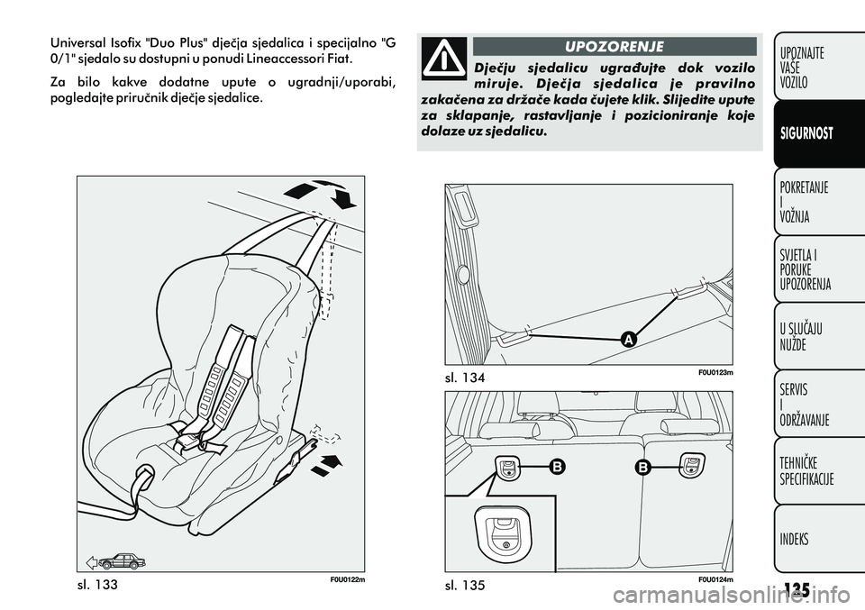 FIAT PUNTO 2012  Knjižica s uputama za uporabu i održavanje (in Croatian) Universal  Isofix  "Duo  Plus"  djeèja  sjedalica  i  specijalno  "G 
0/1" sjedalo su dostupni u ponudi Lineaccessori Fiat.
Za  bilo  kakve  dodatne  upute  o  ugradnji/uporabi, 
pogledajte priruèni