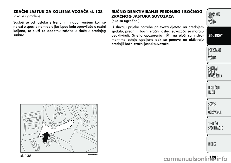 FIAT PUNTO 2012  Knjižica s uputama za uporabu i održavanje (in Croatian) POKRETANJE
I
VOŽNJA
SVJETLA I
PORUKE
UPOZORENJA
U SLUÈAJU
NUŽDE
SERVIS
I
ODRŽAVANJE
TEHNIÈKE
SPECIFIKACIJE
INDEKSUPOZNAJTE
VAŠE
VOZILO
SIGURNOST
sl. 138
ZRAÈNI JASTUK ZA KOLJENA VOZAÈA sl. 138