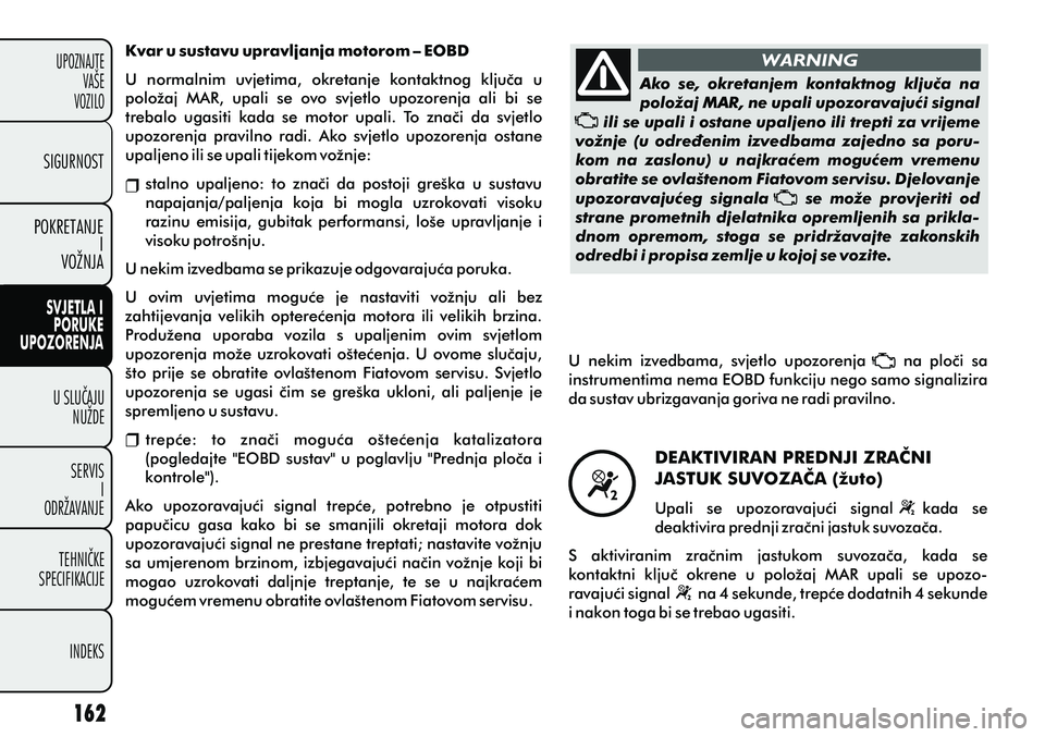 FIAT PUNTO 2012  Knjižica s uputama za uporabu i održavanje (in Croatian) Ako  se,  okretanjem  kontaktnog  kljuèa  na 
položaj MAR, ne upali upozoravajuæi signal     
     ili se upali i ostane upaljeno ili trepti za vrijeme 
vožnje  (u  odreðenim  izvedbama  zajedno 