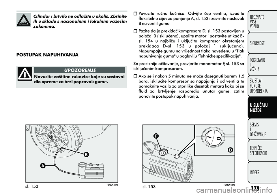 FIAT PUNTO 2012  Knjižica s uputama za uporabu i održavanje (in Croatian) Cilindar i brtvilo ne odlažite u okoliš. Zbrinite 
ih u skladu s nacionalnim i lokalnim važeæim 
zakonima.
POSTUPAK NAPUHIVANJA UPOZORENJE
Navucite zaštitne rukavice koje su sastavni 
dio opreme 