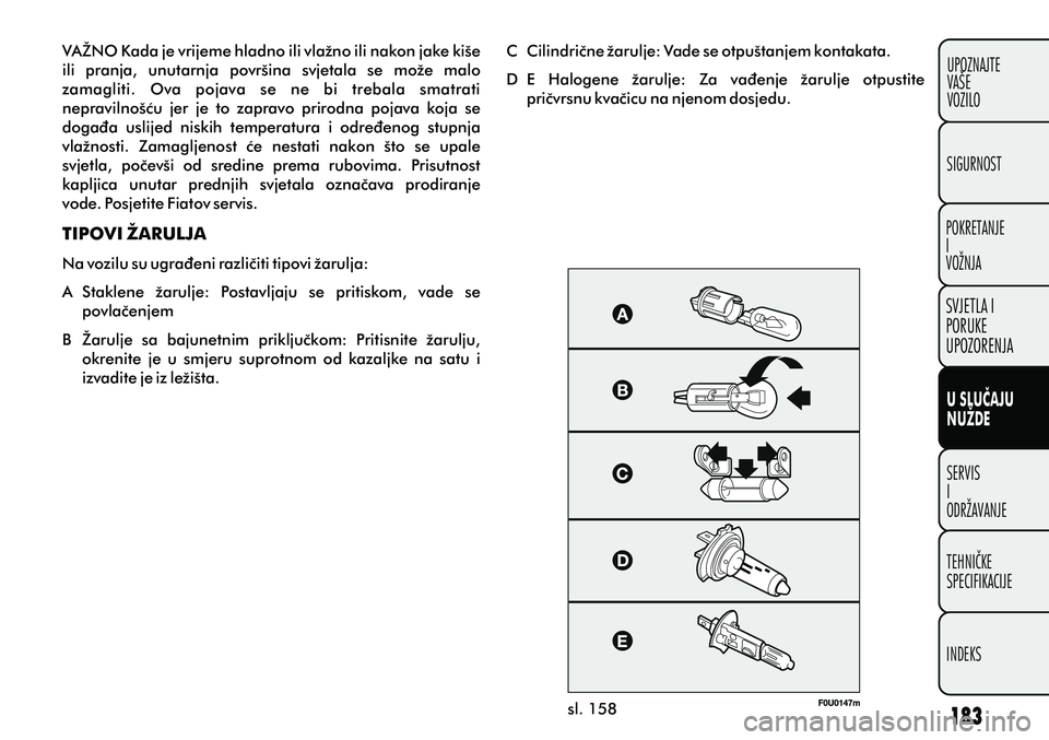 FIAT PUNTO 2012  Knjižica s uputama za uporabu i održavanje (in Croatian) sl. 158
VAŽNO Kada je vrijeme hladno ili vlažno ili nakon jake kiše 
ili  pranja,  unutarnja  površina  svjetala  se  može  malo 
zamagliti.  Ova  pojava  se  ne  bi  trebala  smatrati 
nepraviln