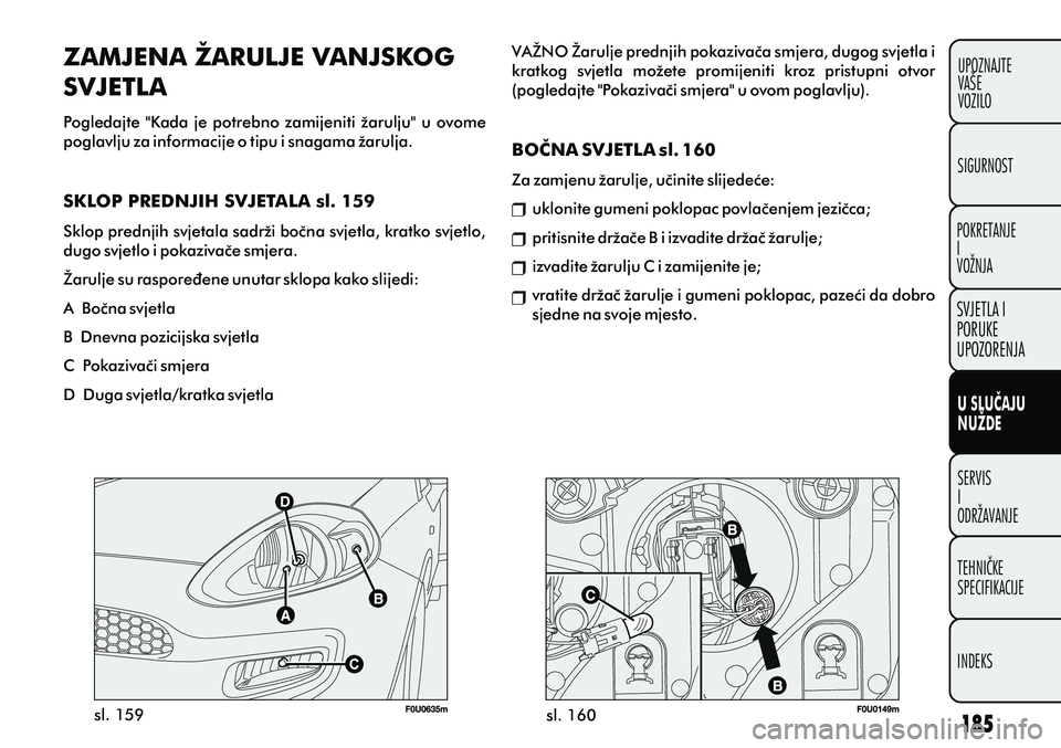 FIAT PUNTO 2012  Knjižica s uputama za uporabu i održavanje (in Croatian) sl. 159
sl. 160
ZAMJENA ŽARULJE VANJSKOG 
SVJETLA
Pogledajte "Kada je potrebno zamijeniti žarulju" u ovome 
poglavlju za informacije o tipu i snagama žarulja.
SKLOP PREDNJIH SVJETALA sl. 159
Sklop 