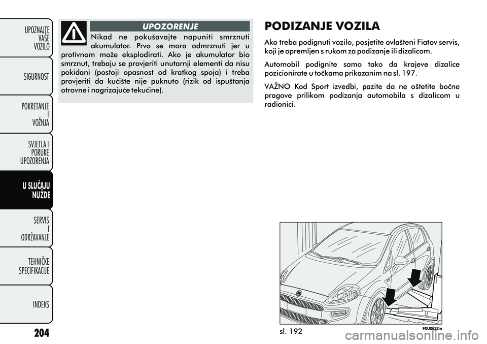 FIAT PUNTO 2012  Knjižica s uputama za uporabu i održavanje (in Croatian) SIGURNOST
POKRETANJE I
VOŽNJA
SVJETLA I PORUKE
UPOZORENJA
SERVIS I
ODRŽAVANJE
TEHNIÈKE
SPECIFIKACIJE
INDEKS
UPOZNAJTE
VAŠE
VOZILO
U SLUÈAJU
NUŽDE
UPOZORENJE
sl. 192
Nikad  ne  pokušavajte  napu
