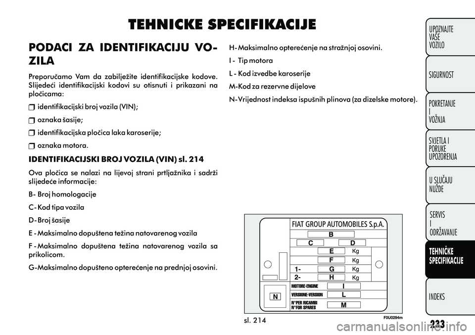 FIAT PUNTO 2012  Knjižica s uputama za uporabu i održavanje (in Croatian) TEHNICKE SPECIFIKACIJE
PODACI  ZA  IDENTIFIKACIJU  VO-
ZILA
Preporuèamo  Vam  da  zabilježite  identifikacijske  kodove. 
Slijedeæi  identifikacijski  kodovi  su  otisnuti  i  prikazani  na 
ploèi