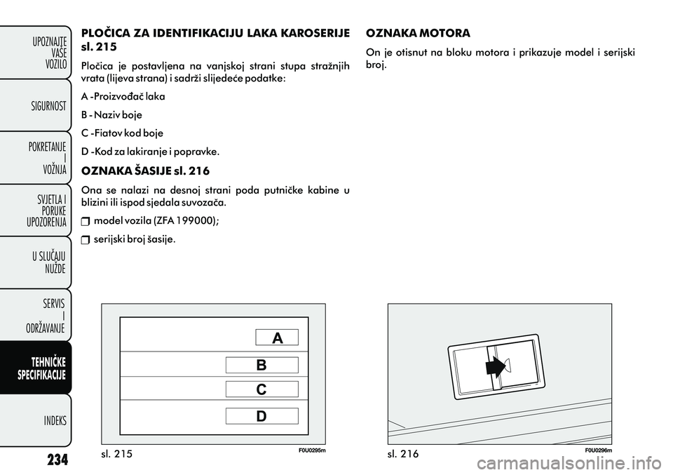FIAT PUNTO 2012  Knjižica s uputama za uporabu i održavanje (in Croatian) PLOÈICA ZA IDENTIFIKACIJU LAKA KAROSERIJE 
sl. 215
Ploèica  je  postavljena  na  vanjskoj  strani  stupa  stražnjih 
vrata (lijeva strana) i sadrži slijedeæe podatke:
A -Proizvoðaè laka
B - Naz