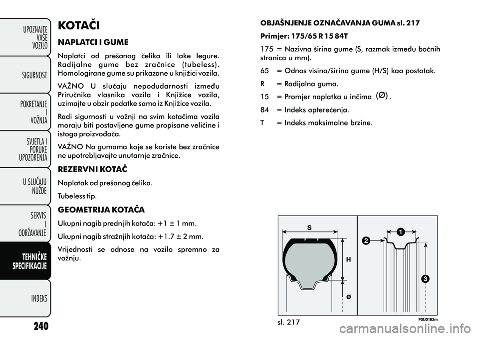 FIAT PUNTO 2012  Knjižica s uputama za uporabu i održavanje (in Croatian) KOTAÈI
NAPLATCI I GUME
Naplatci  od  prešanog  èelika  ili  lake  legure. 
Ra d i j a l n e   g u m e   b e z   z r a è n i c e   ( t u b e l e s s ) .  
Homologirane gume su prikazane u knjižici