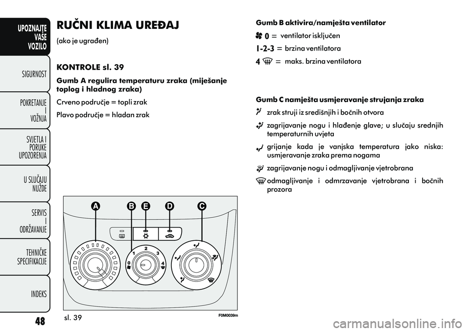 FIAT PUNTO 2013  Knjižica s uputama za uporabu i održavanje (in Croatian) UPOZNAJTEVAŠE
VOZILO
SIGURNOST
POKRETANJE I
VOŽNJA
SVJETLA I PORUKE
UPOZORENJA
U SLUÈAJU NUŽDE
SERVIS I
ODRŽAVANJE
TEHNIÈKE
SPECIFIKACIJE
INDEKS
sl. 39
RUÈNI KLIMA URE? AJ 
(ako je ugraðen)
KO