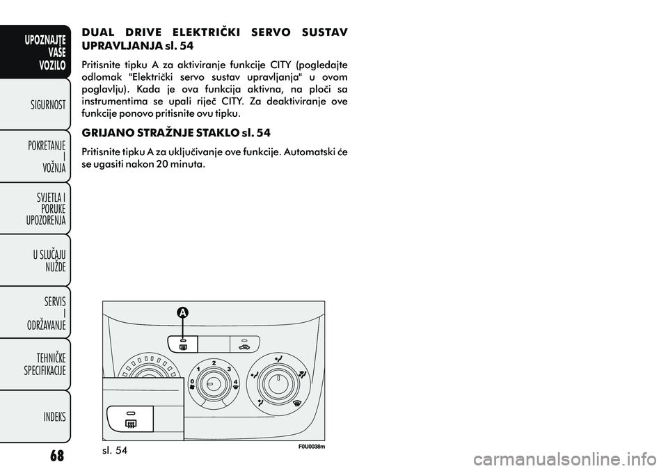 FIAT PUNTO 2012  Knjižica s uputama za uporabu i održavanje (in Croatian) UPOZNAJTEVAŠE
VOZILO
SIGURNOST
POKRETANJE I
VOŽNJA
SVJETLA I PORUKE
UPOZORENJA
U SLUÈAJU NUŽDE
SERVIS I
ODRŽAVANJE
TEHNIÈKE
SPECIFIKACIJE
INDEKS
sl. 54
DUAL  DRIVE  ELEKTRIÈKI  SERVO  SUSTAV 
U
