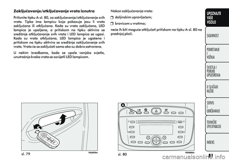 FIAT PUNTO 2012 Knjižica s uputama za uporabu i održavanje (in Croatian) UPOZNAJTE
VAŠE
VOZILO
POKRETANJE
I
VOŽNJA SIGURNOST
SVJETLA I
PORUKE
UPOZORENJA
U SLUÈAJU
NUŽDE
SERVIS
I
ODRŽAVANJE
TEHNIÈKE
SPECIFIKACIJE
INDEKS
sl. 79sl. 80
Nakon zakljuèavanja vrata:
daljins FIAT PUNTO 2012 Knjižica s uputama za uporabu i održavanje (in Croatian) UPOZNAJTE
VAŠE
VOZILO
POKRETANJE
I
VOŽNJA SIGURNOST
SVJETLA I
PORUKE
UPOZORENJA
U SLUÈAJU
NUŽDE
SERVIS
I
ODRŽAVANJE
TEHNIÈKE
SPECIFIKACIJE
INDEKS
sl. 79sl. 80
Nakon zakljuèavanja vrata:
daljins