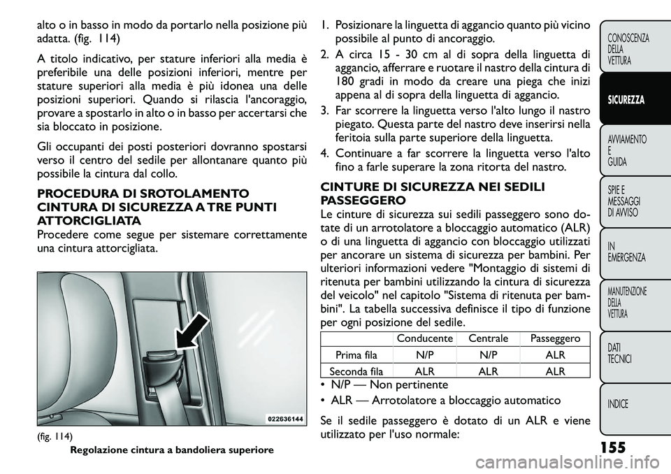 FIAT FREEMONT 2011 Libretto Uso Manutenzione (in Italian) alto o in basso in modo da portarlo nella posizione più
adatta. (fig. 114)
A titolo indicativo, per stature inferiori alla media è
preferibile una delle posizioni inferiori, mentre per
stature su FIAT FREEMONT 2011 Libretto Uso Manutenzione (in Italian) alto o in basso in modo da portarlo nella posizione più
adatta. (fig. 114)
A titolo indicativo, per stature inferiori alla media è
preferibile una delle posizioni inferiori, mentre per
stature su