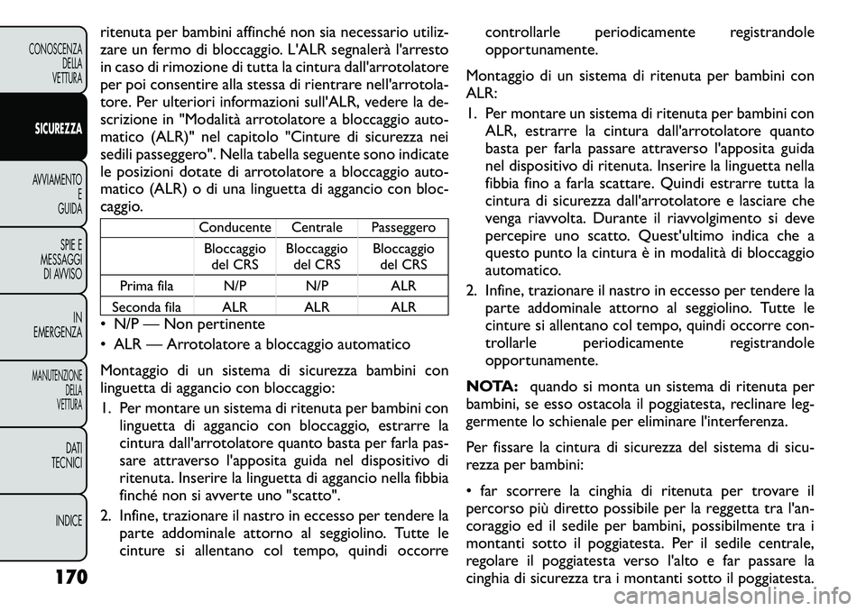 FIAT FREEMONT 2011 Libretto Uso Manutenzione (in Italian) ritenuta per bambini affinché non sia necessario utiliz-
zare un fermo di bloccaggio. L'ALR segnalerà l'arresto
in caso di rimozione di tutta la cintura dall'arrotolatore
per poi consen FIAT FREEMONT 2011 Libretto Uso Manutenzione (in Italian) ritenuta per bambini affinché non sia necessario utiliz-
zare un fermo di bloccaggio. L'ALR segnalerà l'arresto
in caso di rimozione di tutta la cintura dall'arrotolatore
per poi consen